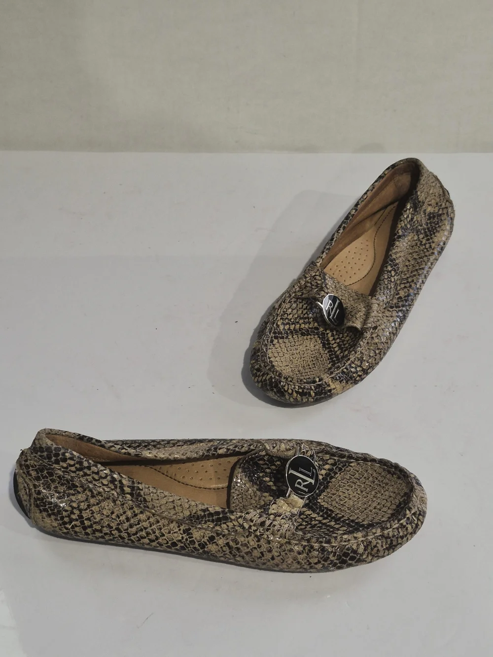 Ralph Lauren Snake-Print Driving Loafers in Beige